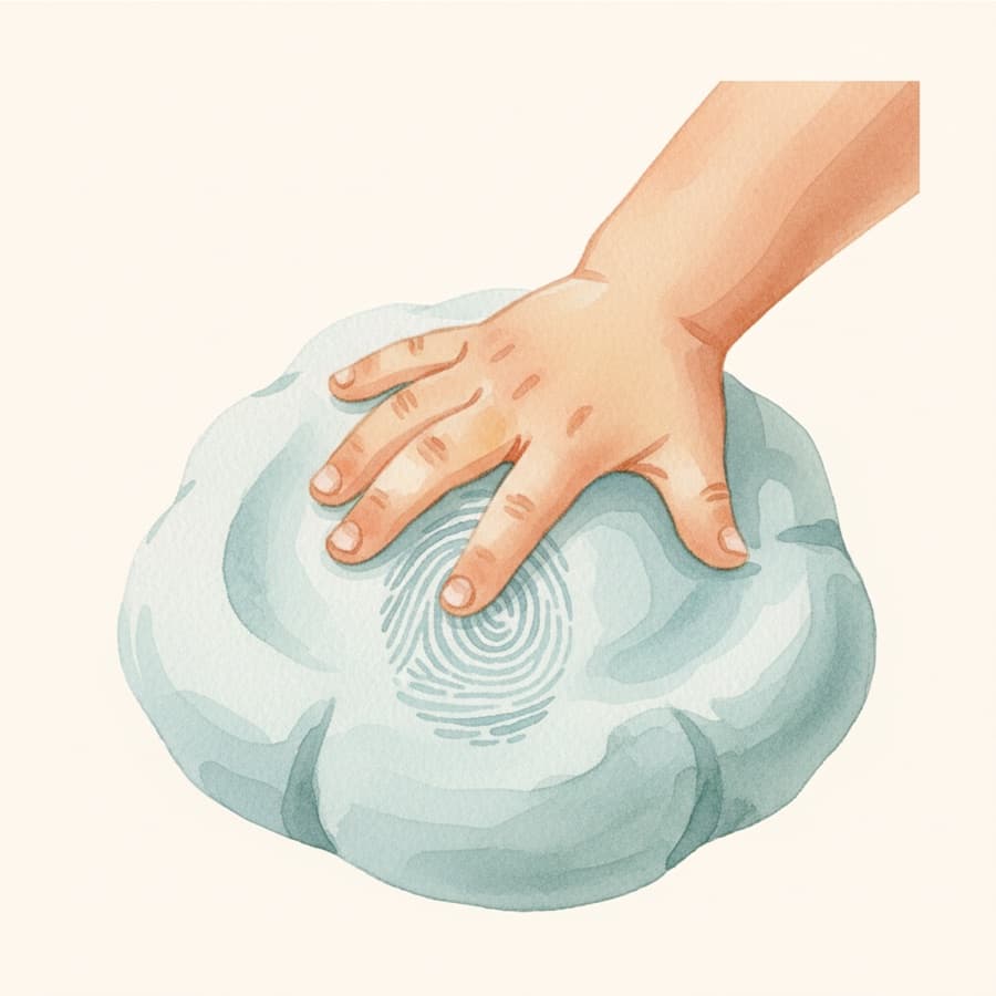 Watercolour of a child's hands pressing into soft clay